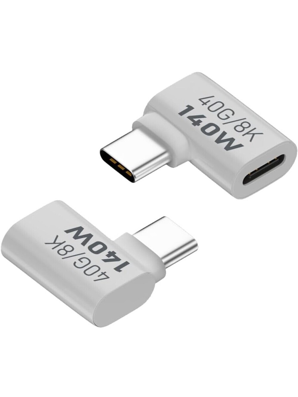 USB-C Female to Male 90° Adapter Extender 140W 40Gbps 8K – 2 Pack (White)